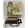 Image 1 : OLD BISCUIT TIN WITH MONEY CLIP, PEN SETS &