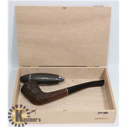 CIGAR BOX WITH BRIAR WOOD PIPE & VINTAGE LIGHTER.