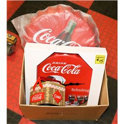 XL COCA COLA SIGN, WALL CLOCK & METAL TIN.
