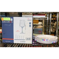 BOX OF WINE GLASSES AND STACK OF 6 PLATES