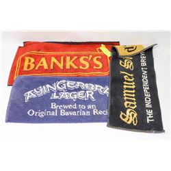 4 BAR TOWELS WITH LIQUOR LOGOS.