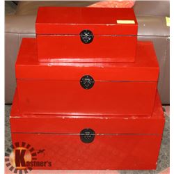 SET OF 3 RED LACQUER DECORATIVE STORAGE BOXES