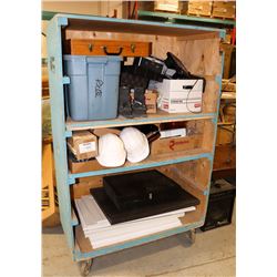 WOOD ROLLING SHELF WITH CONTENTS