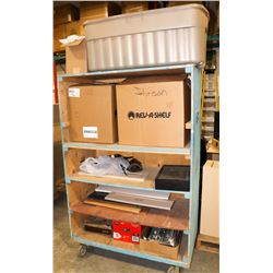 ROLLING WOOD CABINET ON WHEELS WITH CONTENTS