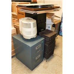 OFFICE LOT INCL FILING CABINETS PRINTER AIR FILTER