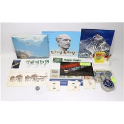 TRAY OF ASSORTED COINS, STAMPS AND 1ST DAY COVERS