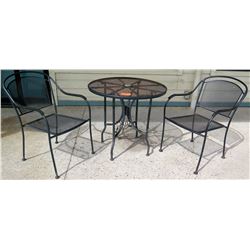 Qty 3 Black Wrought Iron 30" Outdoor Tables & 6 Matching Chairs