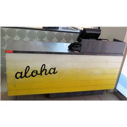 Long Wooden Customer Service Counter w/ Shelves & Aloha Painted 73"Lx24"Dx36"H