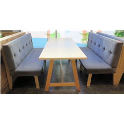 Rectangular Wooden Table (87x29.5")  w/ 2 Upholstered Bench Seats (26"x70")