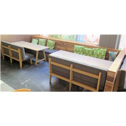 Qty 2 Wooden Tables (87"x29.5") w/ Upholstered Bench Seats, Cushions & Long Modular Bench Seating