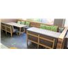 Image 1 : Qty 2 Wooden Tables (87"x29.5") w/ Upholstered Bench Seats, Cushions & Long Modular Bench Seating