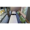 Image 23 : Qty 2 Wooden Tables (87"x29.5") w/ Upholstered Bench Seats, Cushions & Long Modular Bench Seating