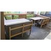 Image 2 : Qty 2 Wooden Tables (87"x29.5") w/ Upholstered Bench Seats, Cushions & Long Modular Bench Seating