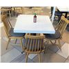 Image 1 : White Table w/ Metal Base (31x31) & 4 Wooden Chairs w/ Seat Cushions