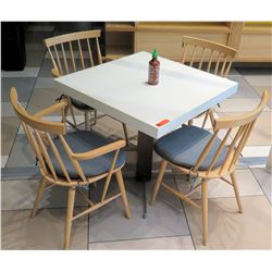 White Table w/ Metal Base (31x31) & 4 Wooden Chairs w/ Seat Cushions