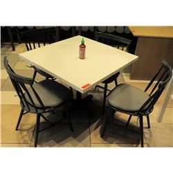 White Table w/ Metal Base (35x35) & 4 Wooden Chairs w/ Seat Cushions