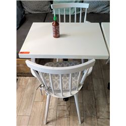 White Table w/ Metal Base (30x30) & 2 Wooden Chairs w/ Seat Cushions