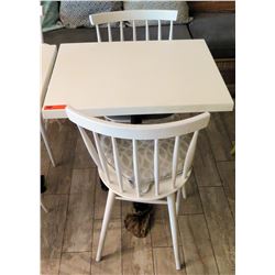 White Table w/ Metal Base (30x30) & 2 Wooden Chairs w/ Seat Cushions