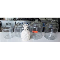 Qty 4 Clear Jars (3 w/ Lids) & White Ceramic Pineapple