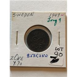 1947 Sweden LONG 9 2 Ore Coin