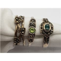 3-MARCASITE RINGS WITH GREEN STONE ACCENTS