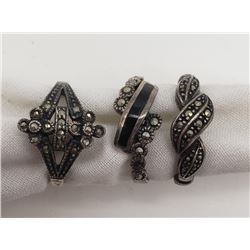 3-STERLING MARCASITE RINGS (1)W/ BLACK ONYX