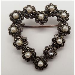 STERLING MARCASITE HEART BROOCH