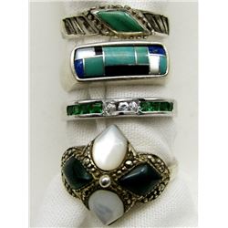4-STERLING RINGS WITH GREEN STONE ACCENTS