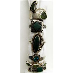 7-ANTIQUE STERLING RINGS WITH GREEN &