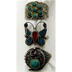 3-ANTIQUE MEXICO STERLING RINGS WITH RED