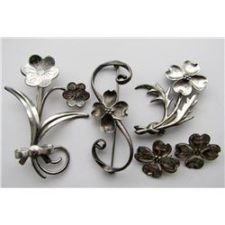 5-STERLING SILVER FLOWER BROACHES. MARKED!