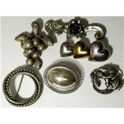 6-STERLING SILVER BROACHES: 1 MARKED BEAU-STER