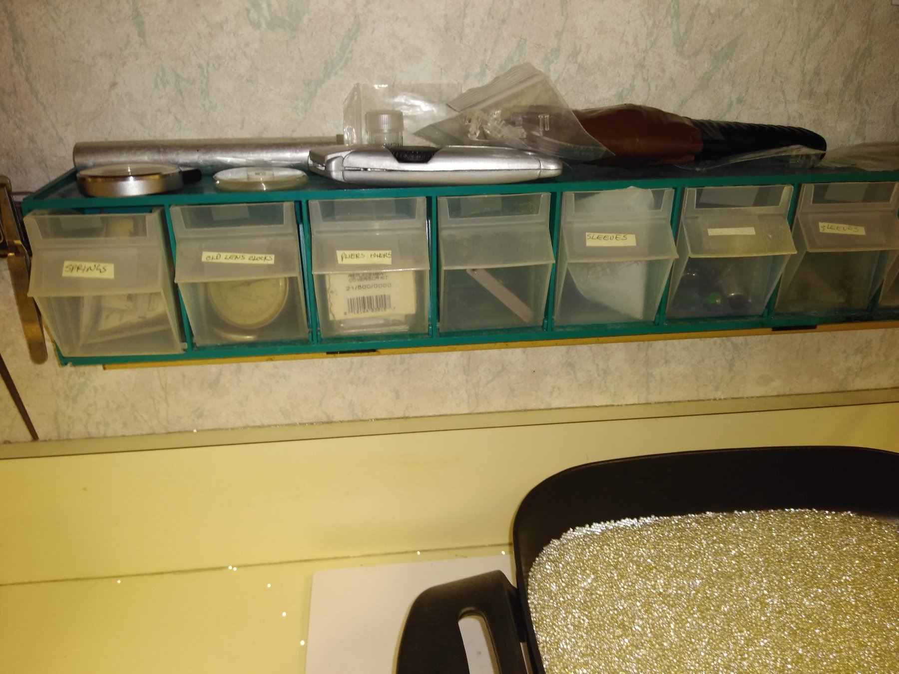 LOT OF SPECTACLE TOOLS WITH (3) 9 DRAWER BINS