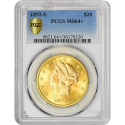 1892-S $20 Liberty Head Double Eagle Gold Coin PCGS MS64+