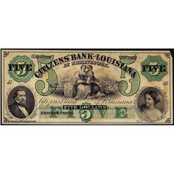 1800's $5 Citizens Bank of Louisiana Obsolete Bank Note