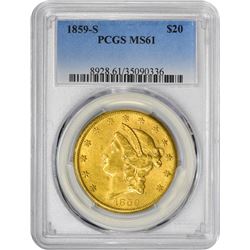 1859-S $20 Liberty Head Double Eagle Gold Coin PCGS MS61