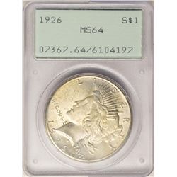 1926 $1 Peace Silver Dollar Coin PCGS MS64 Old Green Rattler Holder