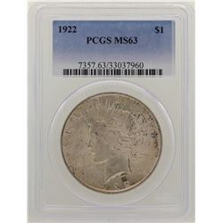 1922 $1 Peace Silver Dollar Coin PCGS MS63
