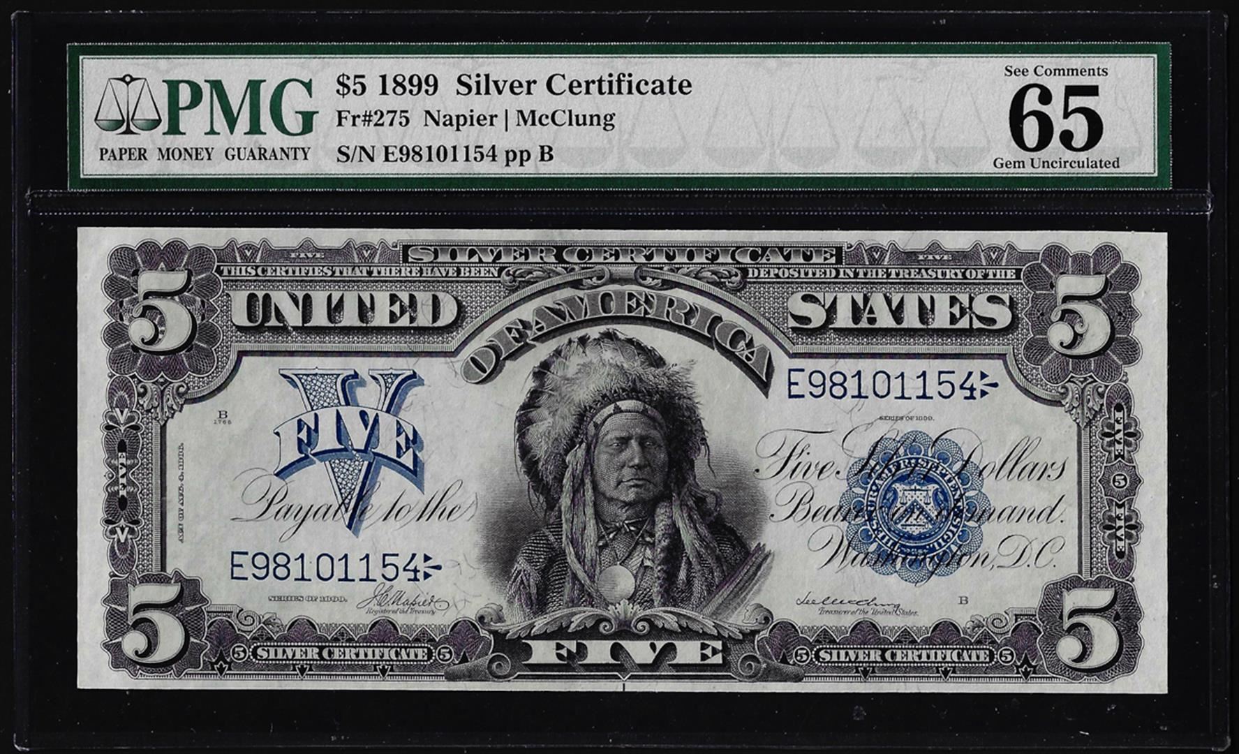 Indian Silver Notes 1899 $5 Indian Chief Silver Certificate Note PMG Gem Uncirculated 65 ...