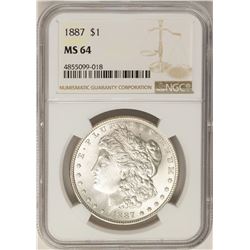 1887 $1 Morgan Silver Dollar Coin NGC MS64