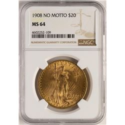 1908 $20 No Motto Saint Gaudens Double Eagle Gold Coin NGC MS64