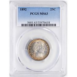1892 Barber Quarter Coin PCGS MS63 Nice Toning