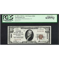1929 $10 NB of Sacramento, CA CH# 8504 National Currency Note PCGS Choice New 63PPQ