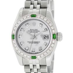 Rolex Ladies Stainless Steel Quickset Mother Of Pearl Diamond & Emerald Datejust