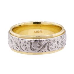 Two Tone Hand Engraved Band - 14KT Yellow and White Gold