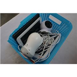 LOT OF BABY MONITORS, TABLETS, LG NEXUS PHONE IN BLUE BASKET