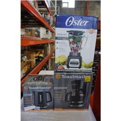 AS NEW OSTER BLENDER, TOASTMASTER KETTLE, AND COFFEE MAKER