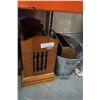 Image 1 : WOOD WINE RACK, GALVANIZED TUB, BRASS PLATTER, AND WOOD FIRE BOX