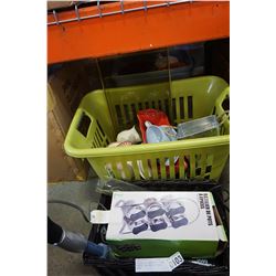 2 TOTES AND BASKET OF CHINA, PLATES, TEA CUPS, KITCHEN ITEMS