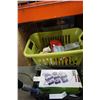 Image 1 : 2 TOTES AND BASKET OF CHINA, PLATES, TEA CUPS, KITCHEN ITEMS